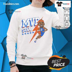 Official MVP SGA Playoffs 2025 Oklahoma City Thunder caricature sweatshirt featuring vibrant team colors and playful design.