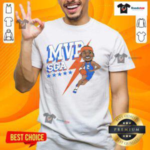 Alt Text: Caricature t-shirt featuring MVP SGA, celebrating the 2025 Oklahoma City Thunder playoffs. Perfect for fans!