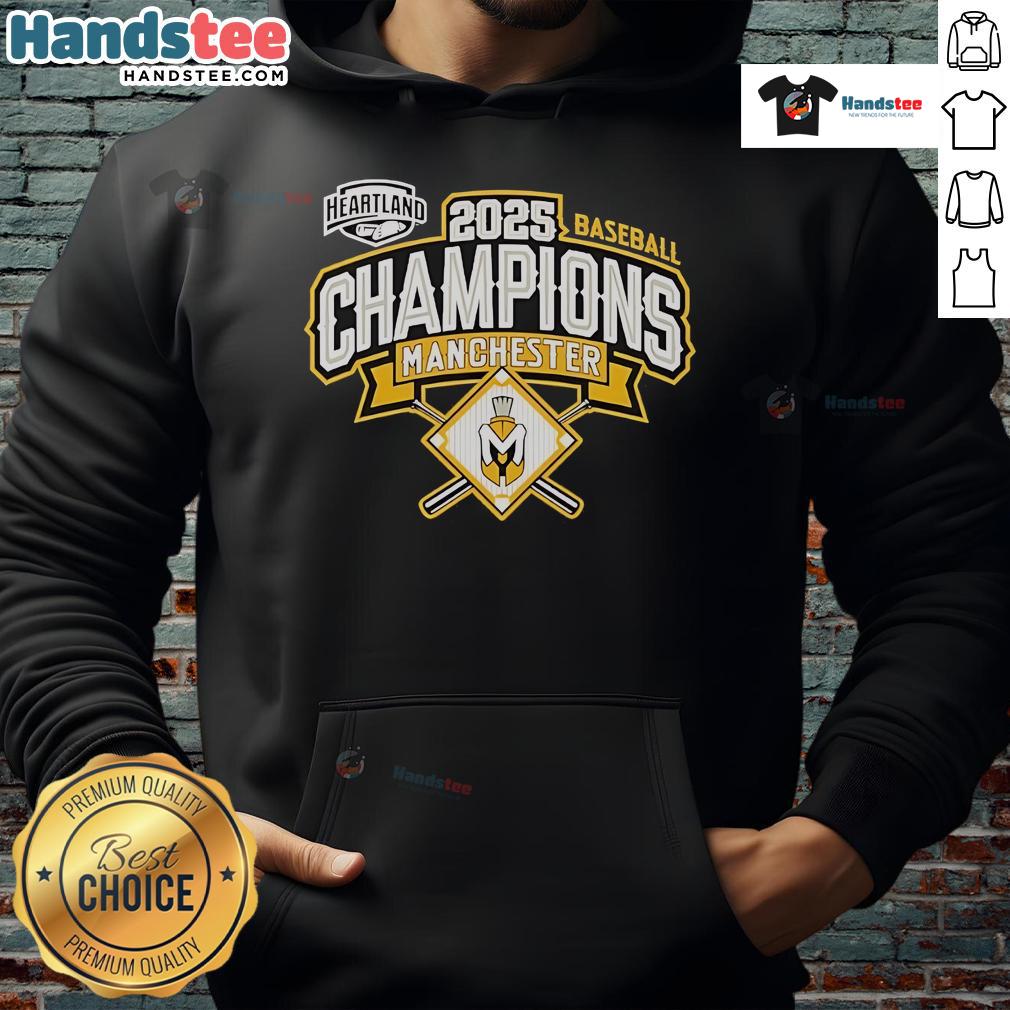 Official Manchester Spartans 2025 Baseball Conference Champions hoodie, showcasing team logo and vibrant colors.