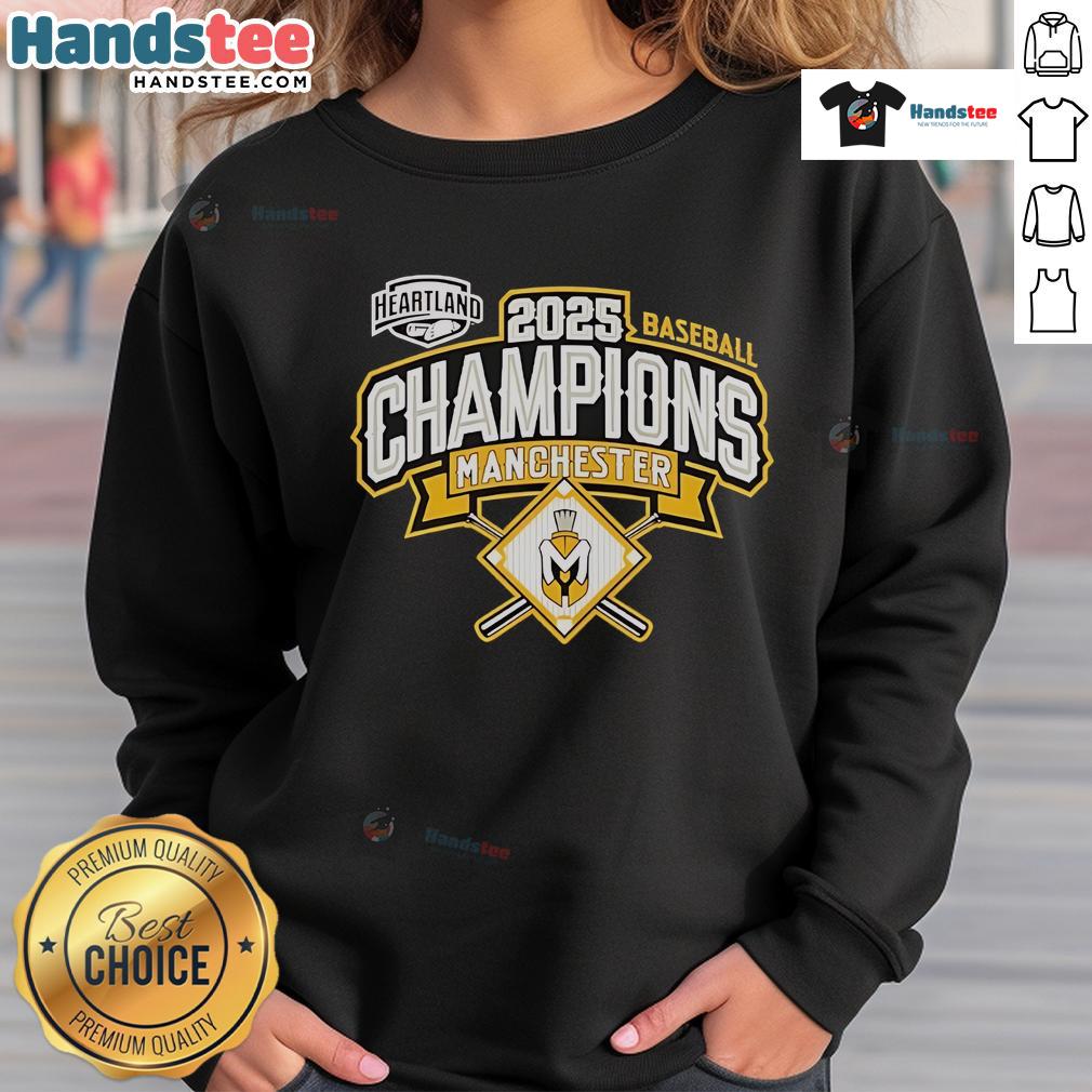 Official Manchester Spartans 2025 Baseball Conference Champions sweatshirt with team logo and vibrant colors.