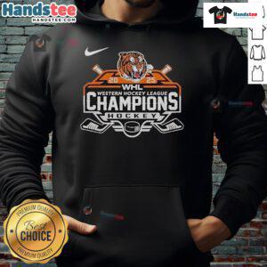 Official Medicine Hat Tigers Western Hockey League Champions 2025 hoodie showcasing team logo and vibrant colors.