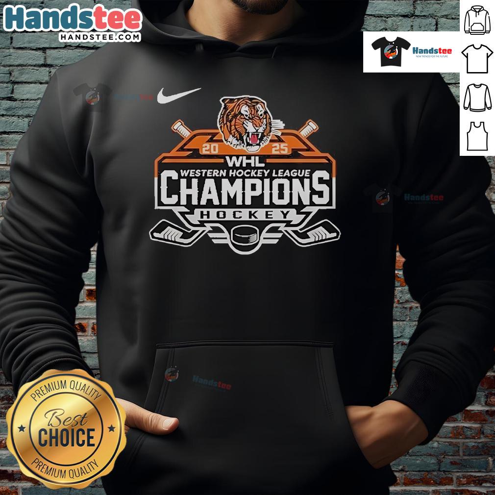 Official Medicine Hat Tigers Western Hockey League Champions 2025 hoodie showcasing team logo and vibrant colors.