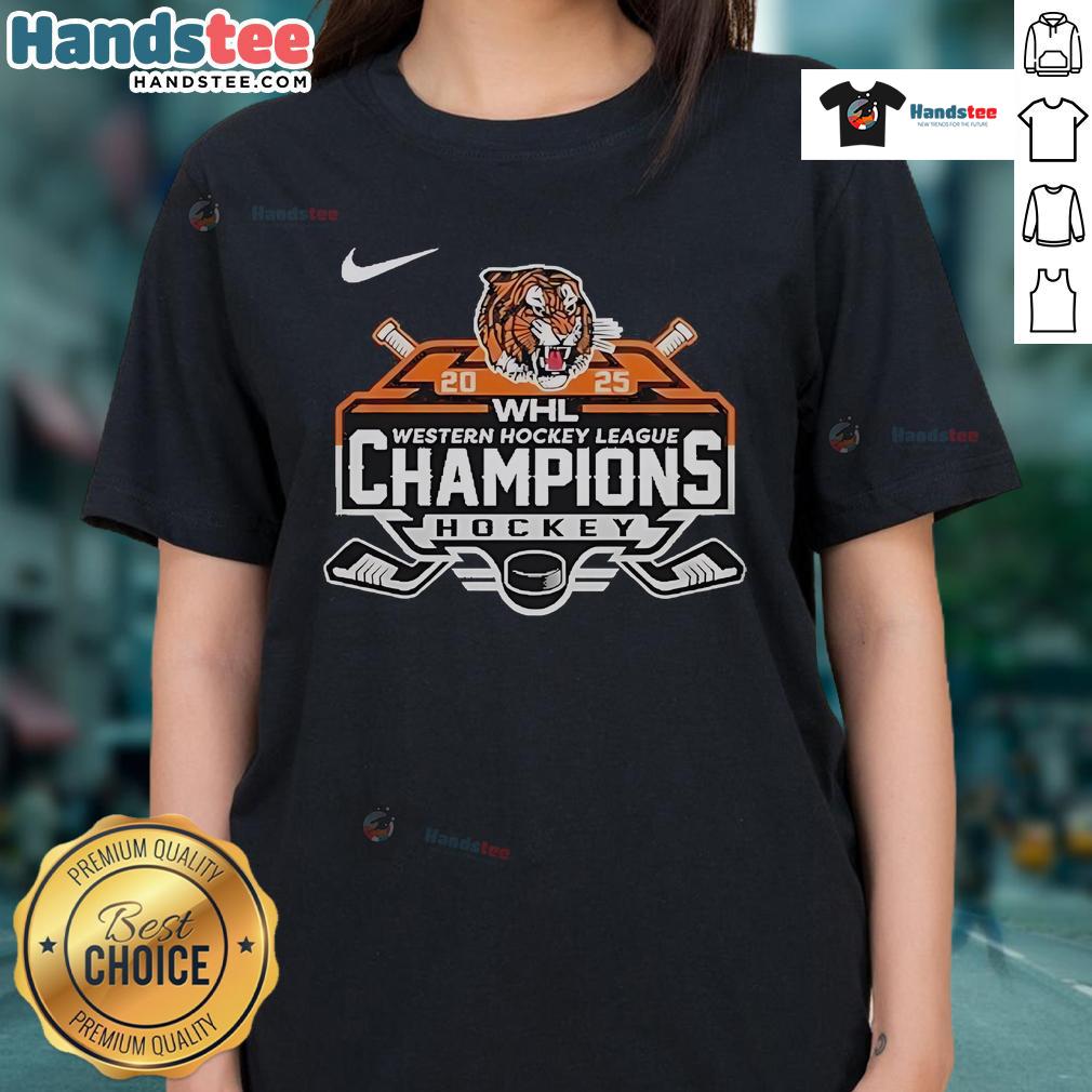 Official Medicine Hat Tigers Western Hockey League Champions 2025 Ladies Tee featuring team colors and logo.