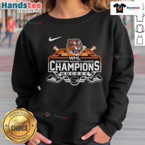 Alt Text: Official Medicine Hat Tigers Western Hockey League Champions 2025 sweatshirt featuring team logo and championship design.