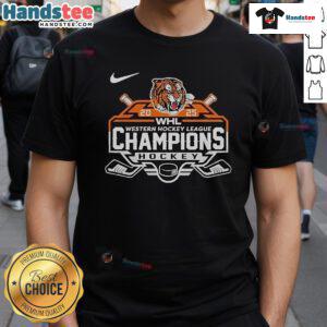 Official Medicine Hat Tigers WHL Champions 2025 T-Shirt featuring team logo and vibrant colors for fans and supporters.