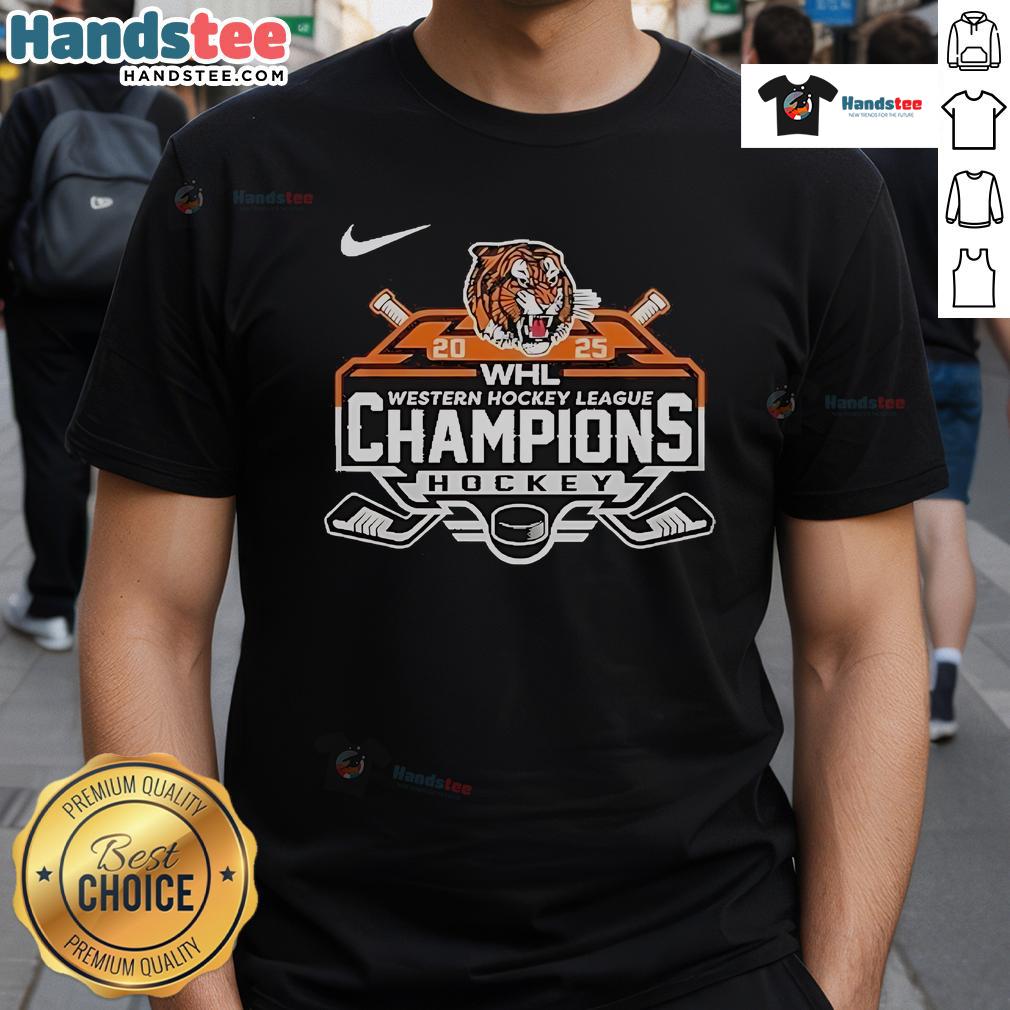 Official Medicine Hat Tigers WHL Champions 2025 T-Shirt featuring team logo and vibrant colors for fans and supporters.