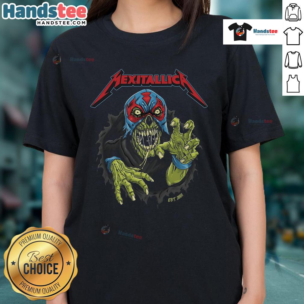 Official Metallica 2025 Mexican Artist Puiscalzada Mexitallica Est 2008 Ladies Tee featuring unique graphic design.