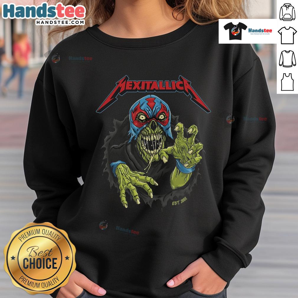 Alt Text: Official Metallica 2025 sweatshirt featuring Mexitallica design by artist Puiscalzada, established 2008.