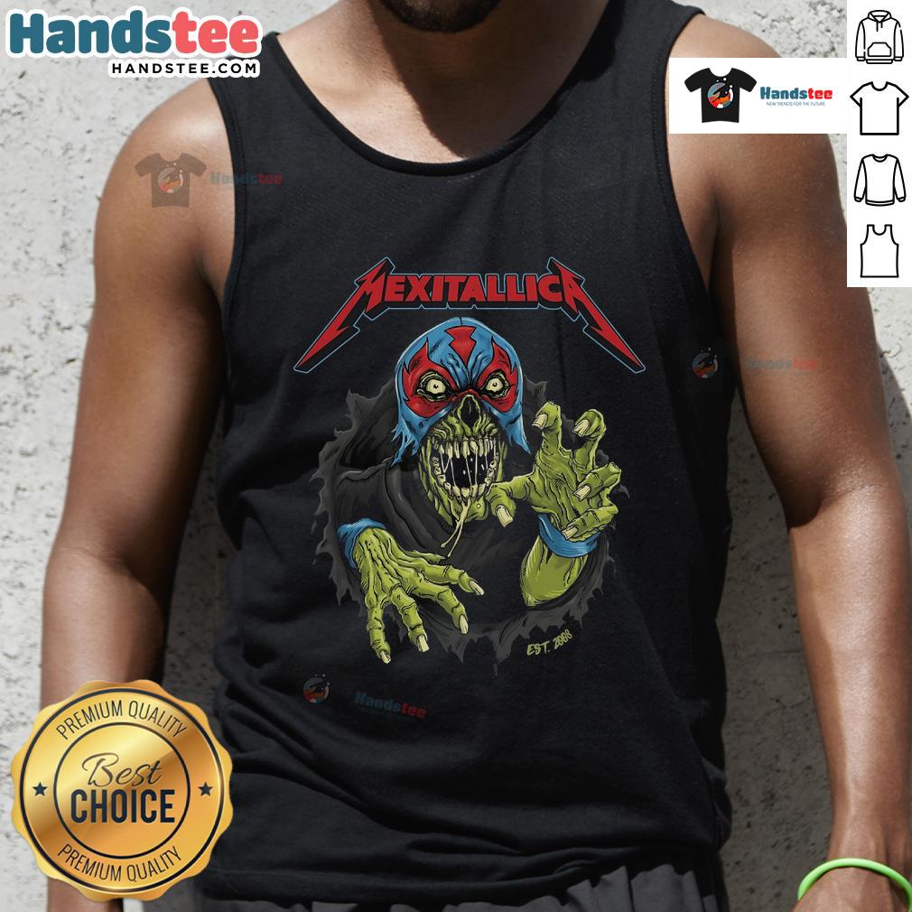 Official Metallica 2025 tank top featuring Mexican artist Puiscalzada, celebrating Mexitallica since 2008.