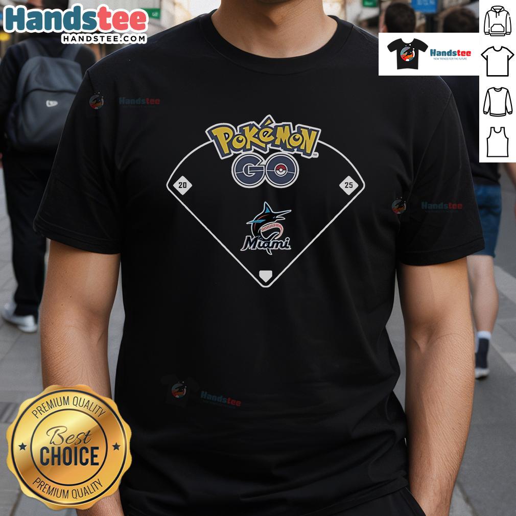 Official Miami Marlins X Pokemon Go Ballpark T-Shirt featuring vibrant graphics and team logo for fans and collectors.