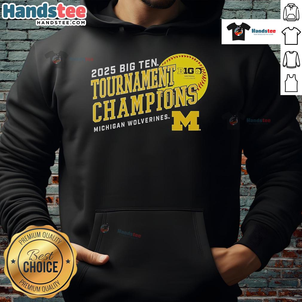 Official Michigan Wolverines 2025 Big Ten Softball Conference Tournament Champions Hoodie in navy blue with logo.