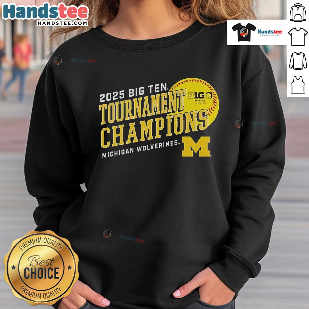 Official Michigan Wolverines 2025 Big Ten Softball Conference Tournament Champions Sweatshirt in navy blue.
