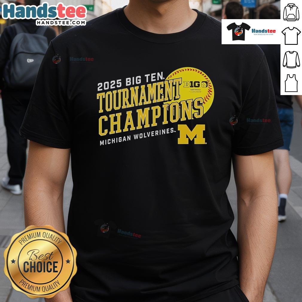Official Michigan Wolverines 2025 Big Ten Softball Conference Tournament Champions T-Shirt featuring team colors and logo.