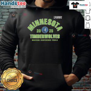 Official Minnesota Timberwolves 2025 NBA Playoffs Western Conference Finals hoodie featuring team logo and colors.