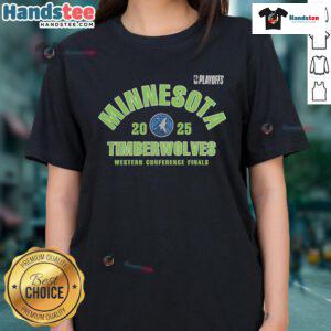 Official Minnesota Timberwolves 2025 NBA Playoffs Western Conference Finals ladies tee, showcasing team colors and logo.