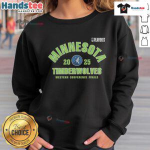 Official Minnesota Timberwolves 2025 NBA Playoffs Western Conference Finals sweatshirt in black with logo design.