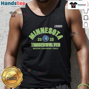Official Minnesota Timberwolves 2025 NBA Playoffs Western Conference Finals tank top featuring team logo and colors.