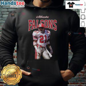 Official Mitchell & Ness Deion Sanders black Atlanta Falcons sideline retired player hoodie featuring team logo and design.
