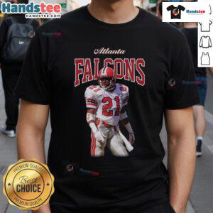 Alt Text: Official Mitchell & Ness Deion Sanders Black Atlanta Falcons Sideline Retired Player T-Shirt with team logo design.