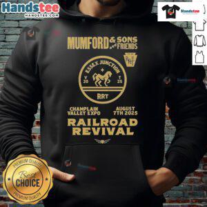 Alt Text: Mumford and Sons 2025 Railroad Revival Tour hoodie displayed at Champlain Valley Expo in Burlington.