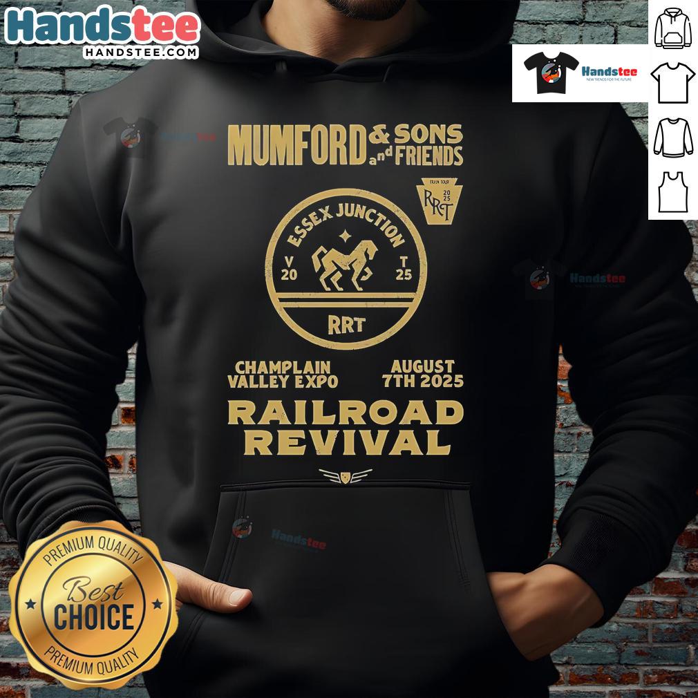 Alt Text: Mumford and Sons 2025 Railroad Revival Tour hoodie displayed at Champlain Valley Expo in Burlington.