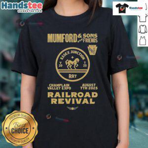 Official Mumford and Sons 2025 Railroad Revival Tour ladies tee at Champlain Valley Expo in Burlington.