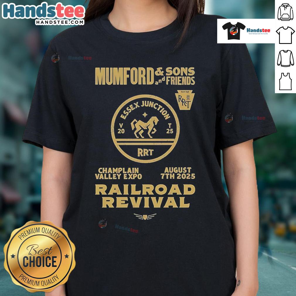 Official Mumford and Sons 2025 Railroad Revival Tour ladies tee at Champlain Valley Expo in Burlington.