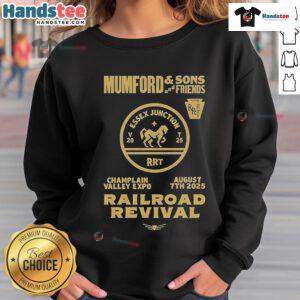 Official Mumford and Sons 2025 Railroad Revival Tour sweatshirt at Champlain Valley Expo in Burlington.