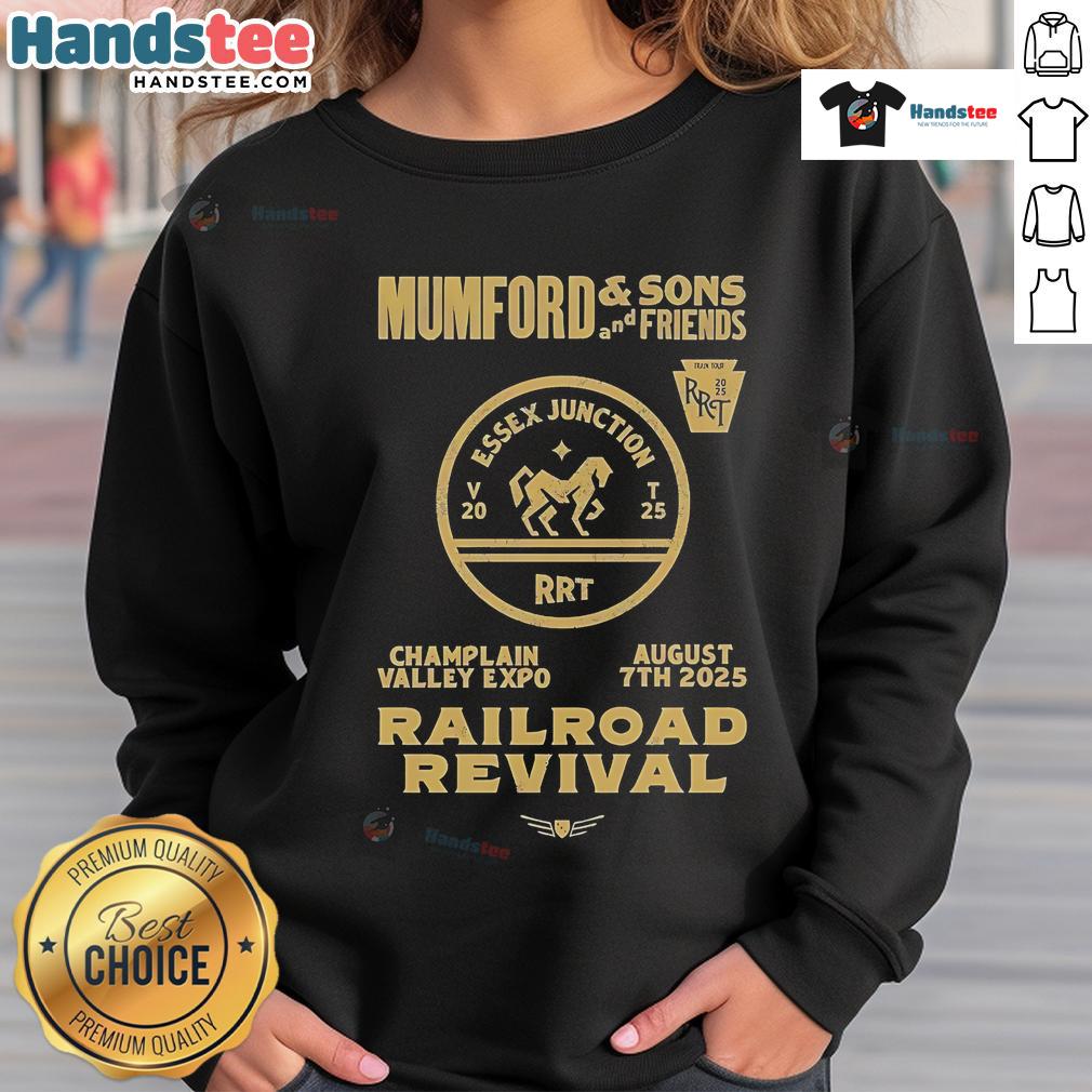 Official Mumford and Sons 2025 Railroad Revival Tour sweatshirt at Champlain Valley Expo in Burlington.