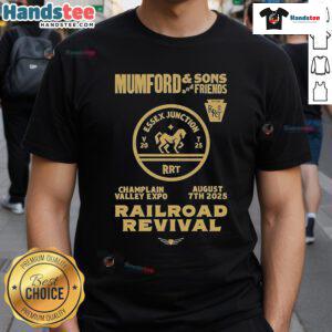 Official Mumford And Sons 2025 Railroad Revival Tour T-Shirt from Burlington at Champlain Valley Expo, featuring vibrant design.