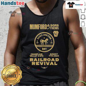 Alt Text: Official Mumford and Sons 2025 Railroad Revival Tour tank top featuring Burlington Champlain Valley Expo design.