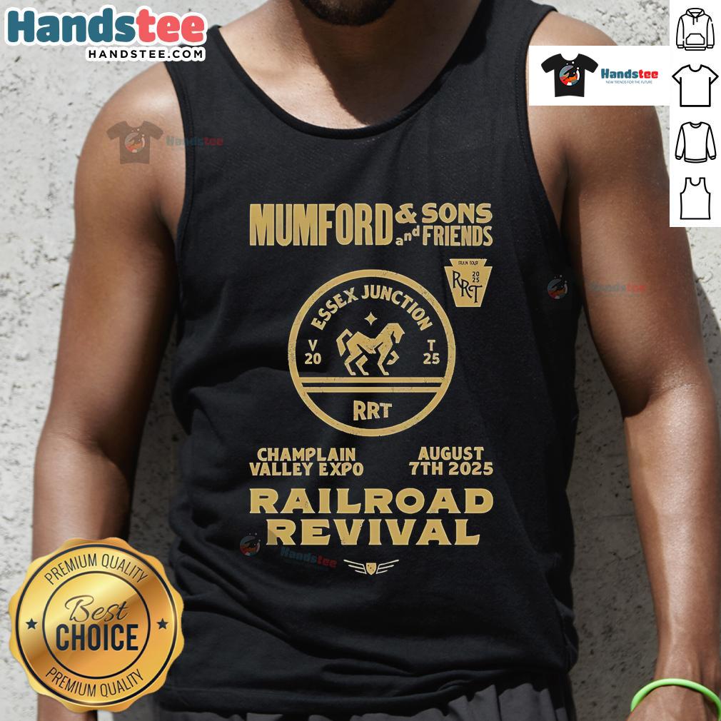 Alt Text: Official Mumford and Sons 2025 Railroad Revival Tour tank top featuring Burlington Champlain Valley Expo design.