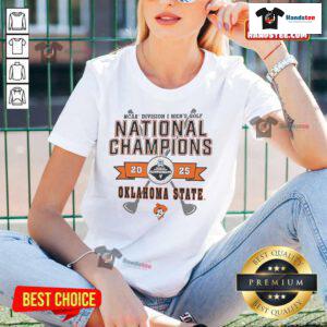 Alt Text: 2025 NCAA Division I Men's Golf National Champions Oklahoma State Cowboys logo on a ladies tee.