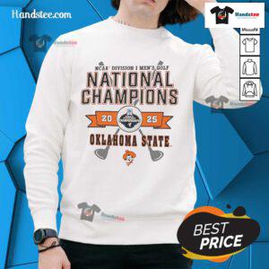 Alt Text: Oklahoma State Cowboys sweatshirt featuring the official NCAA Division I Men's Golf National Champions 2025 logo.