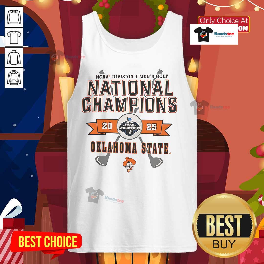 Oklahoma State Cowboys tank top featuring the 2025 NCAA Division I Men's Golf National Champions logo.