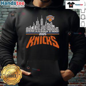 Alt Text: Official New York Knicks 2025 Team Name City Baseball Hoodie displayed on a hanger, showcasing team colors and logo.