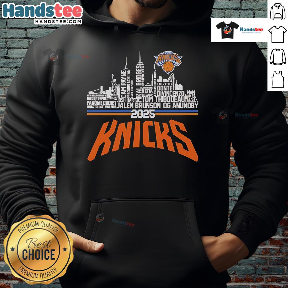 Alt Text: Official New York Knicks 2025 Team Name City Baseball Hoodie displayed on a hanger, showcasing team colors and logo.