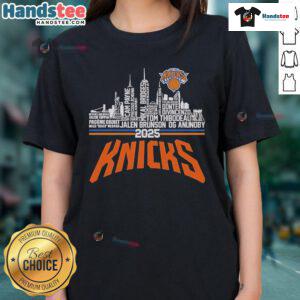 Alt Text: Official New York Knicks 2025 team name city baseball ladies tee featuring vibrant team colors and logo design.