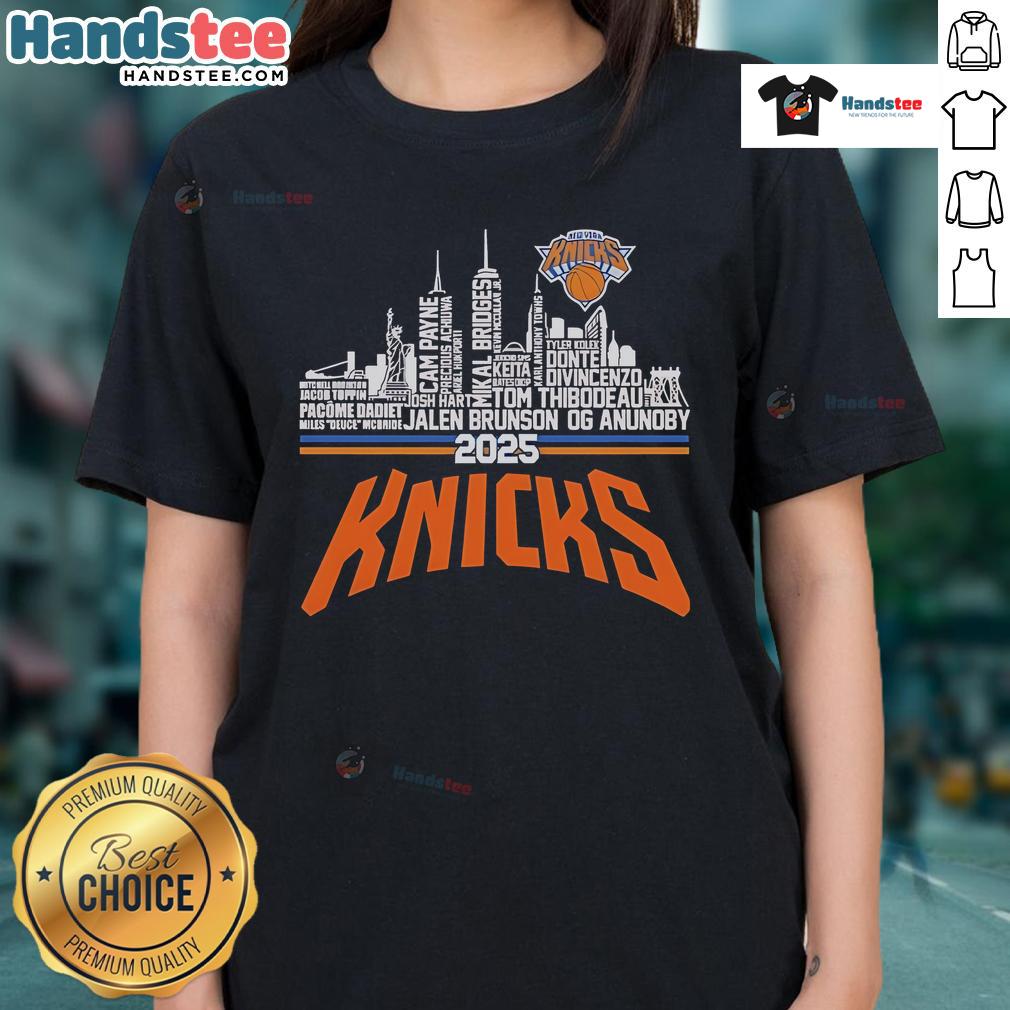 Alt Text: Official New York Knicks 2025 team name city baseball ladies tee featuring vibrant team colors and logo design.
