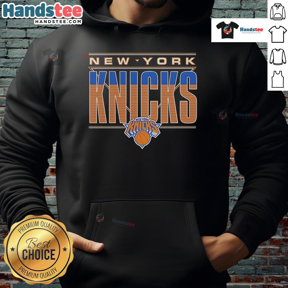 Official New York Knicks striped hoodie featuring team colors and logo, perfect for fans and casual wear.