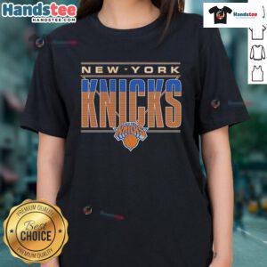 Official New York Knicks Striped Ladies Tee in blue and orange, perfect for stylish fans supporting their team.