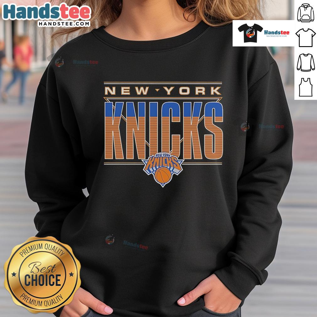 Official New York Knicks striped sweatshirt featuring team colors and logo, perfect for fans and casual wear.