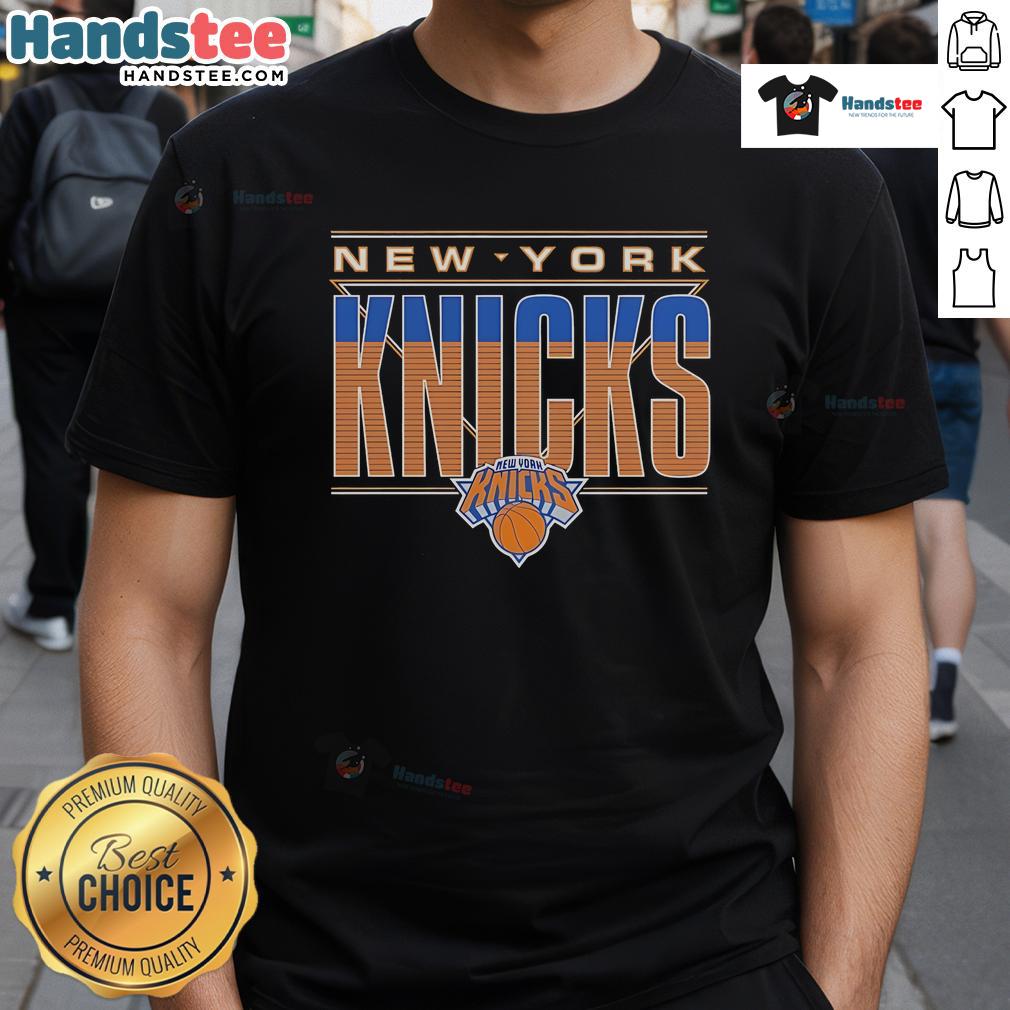 Official New York Knicks striped t-shirt featuring team colors and logo, perfect for fans and game day attire.