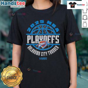 Official Oklahoma City Thunder 2025 NBA Playoffs Game Time Ladies Tee showcasing team colors and logo for fans.