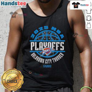 Alt Text: Official Oklahoma City Thunder 2025 NBA Playoffs Game Time tank top featuring team colors and logo.