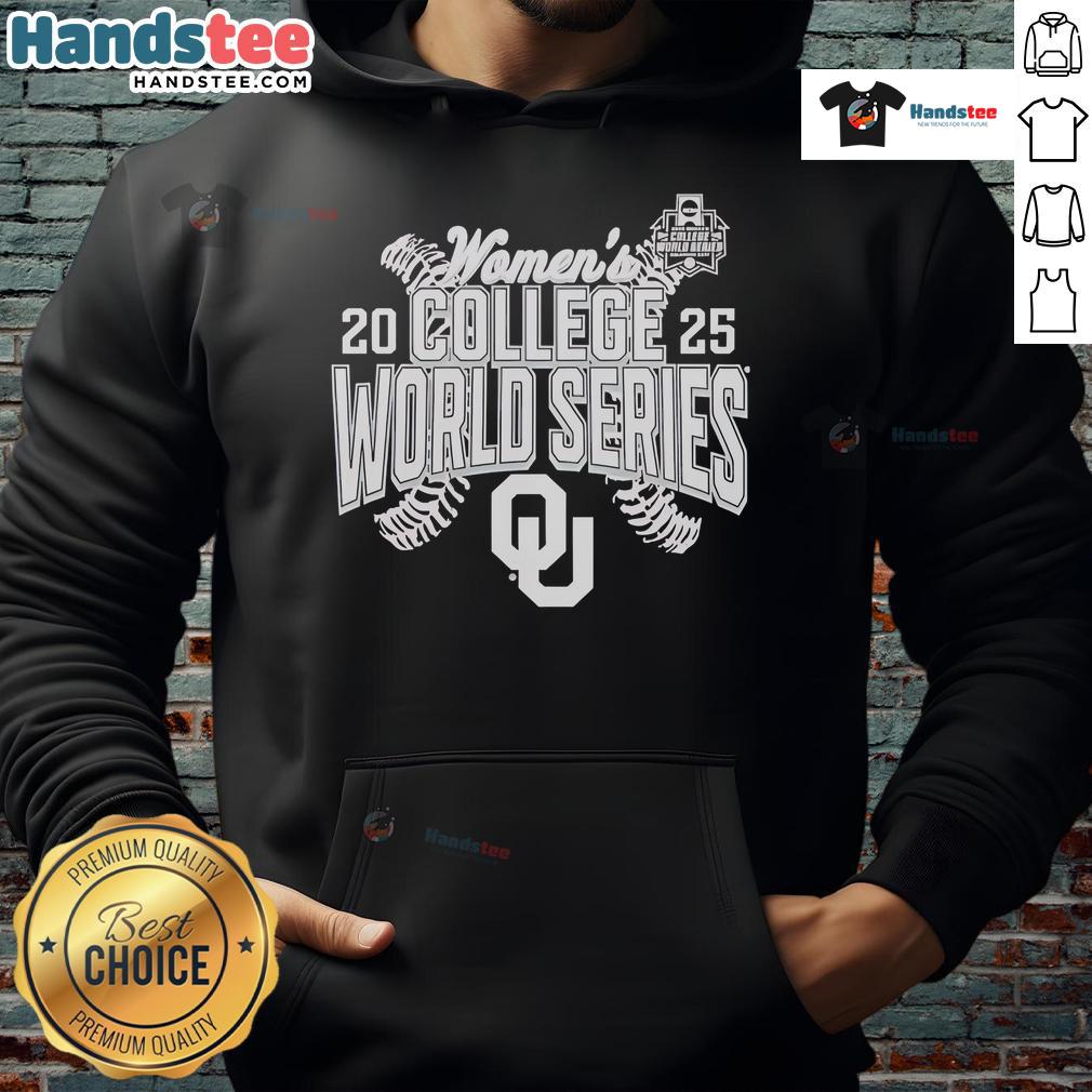Official Oklahoma Sooners 2025 NCAA Softball Women's College World Series cut-off hoodie in crimson with team logo.