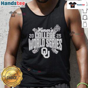 Official Oklahoma Sooners 2025 NCAA Softball Women's College World Series cut-off tank top in vibrant team colors.