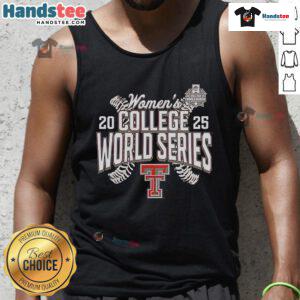 Alt Text: Official Red Texas Tech Red Raiders 2025 NCAA Softball Women's College World Series Cut-Off Tank Top displayed.