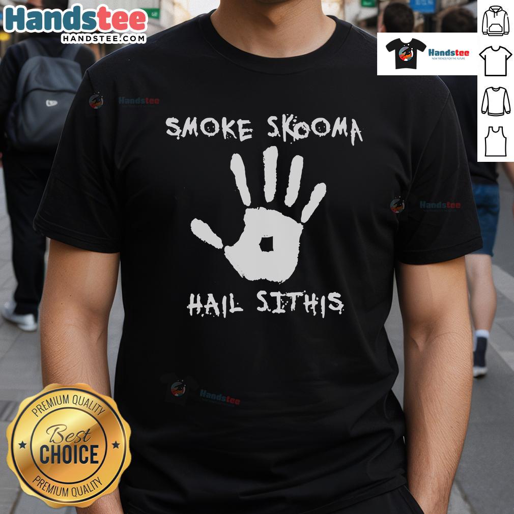 Official Smoke Skooma Hail Sithis T-Shirt featuring bold graphics and a dark design for fans of Skyrim merchandise.