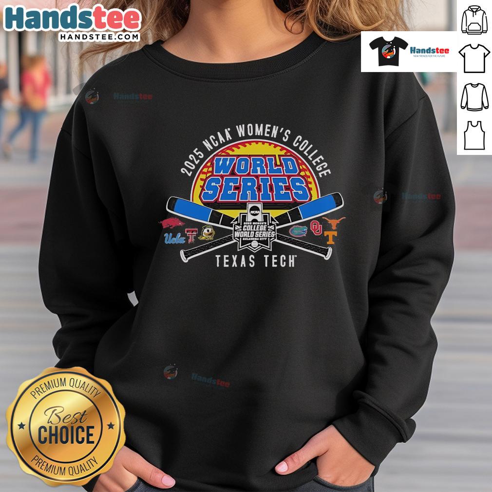 Alt Text: Official Texas Tech 2025 Softball College World Series sweatshirt featuring crossed bats design for fans.